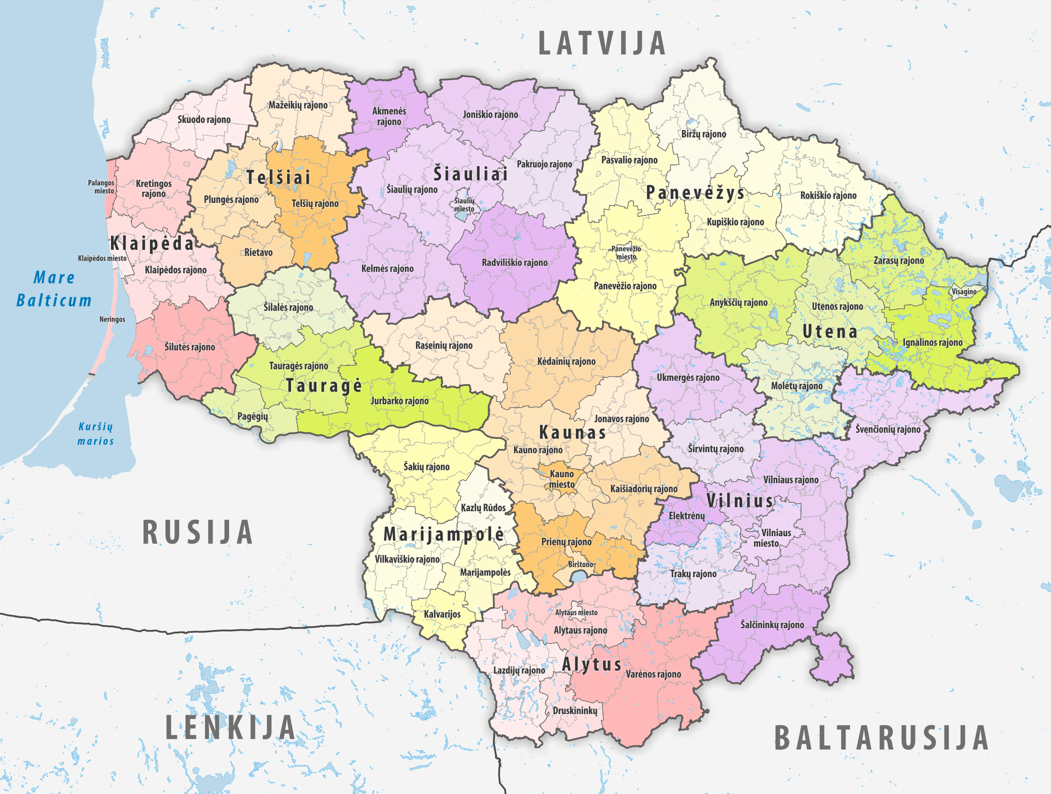 Administrative map of Lithuania with counties and municipalities